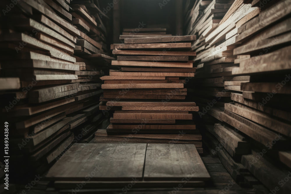Stack of Wooden Planks in Rustic Workshop with Moody Lighting Stack of Wooden Planks in Rustic Workshop with Moody Lighting