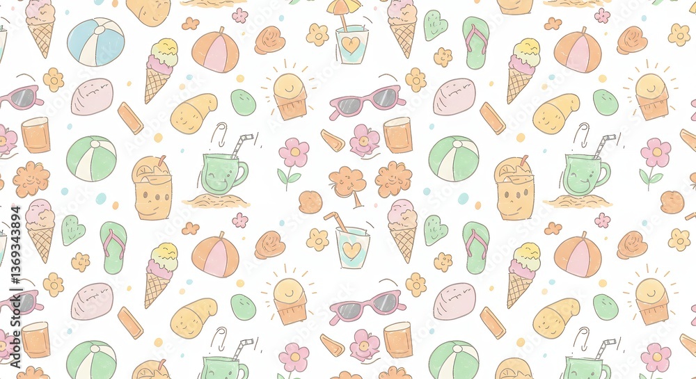 Adorable Summertime Doodle Pattern: Beach Vibes and Sweet Treats Adorable Summertime Doodle Pattern: Beach Vibes and Sweet Treats