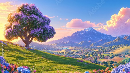 Serene Spring Landscape Blooming Lilac Tree on Hilltop overlooking Majestic Mountains and Valley Village