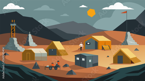 A remote isolated campsite where workers live while mining for uranium enduring harsh conditions for the sake of their work.. Vector illustration