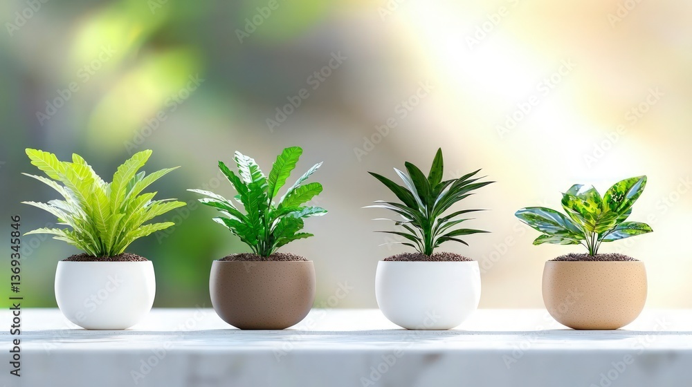 Four potted houseplants in different colored pots sitting on a white surface against a blurred green background Four potted houseplants in different colored pots sitting on a white surface against a blurred green background