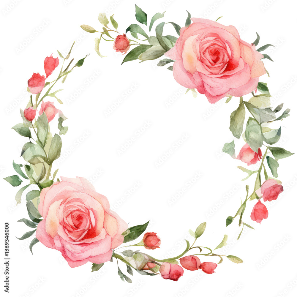 A circular arrangement of soft pink roses and buds entwined with green leaves, creating an elegant floral wreath. A circular arrangement of soft pink roses and buds entwined with green leaves, creating an elegant floral wreath.