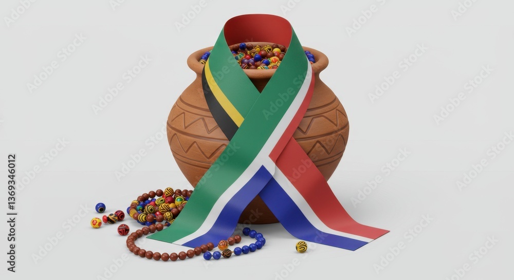 Fototapeta premium Celebrating Unity and Diversity: A Magnificent South African Pot with Colorful Beads and Ribbons