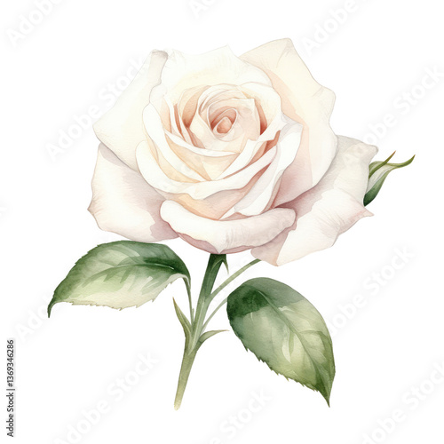 A delicate white rose with soft petals and green leaves, showcasing its intricate layers and natural beauty.