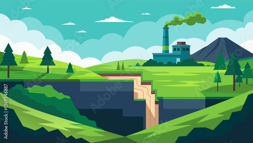 A panoramic view of a lush green landscape with a small nondescript building in the distance hinting at the hidden operations of underground coal. Vector illustration