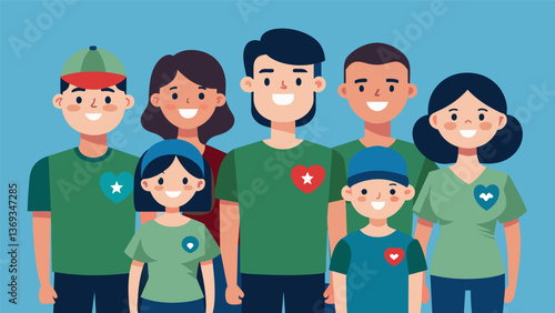 A group of friends and family members dressed in matching tshirts or outfits each with a personalized message for the returning soldier.. Vector illustration