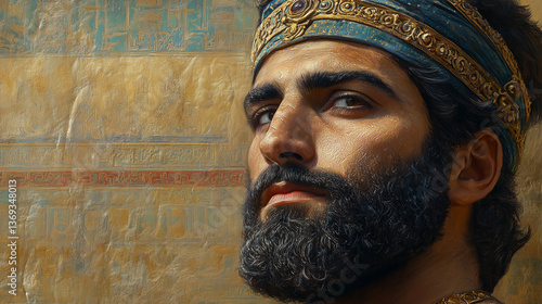 Resolute Portrait of Cyrus the Great with Persian Symbols and Achaemenid Empire Elements