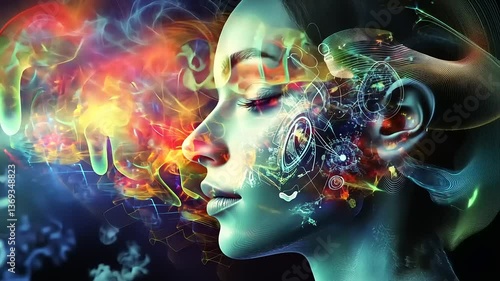 Ethereal portrait of a woman with vibrant, abstract colors representing thoughts and creativity