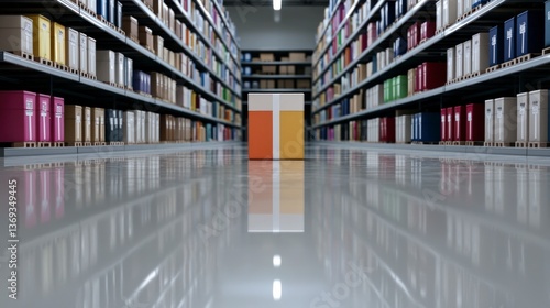 Wallpaper Mural Single Cardboard Box in a Large Warehouse with Rows of Shelves Filled with Products Torontodigital.ca