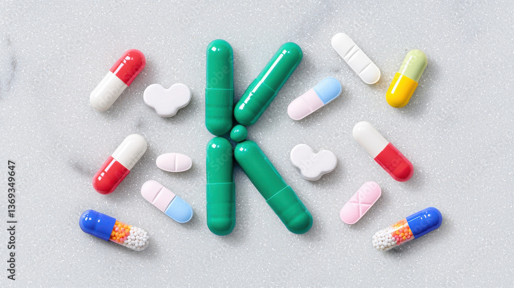 Medical capsules and tablets arranged creatively, showcasing various colors and shapes, evoke sense of health and wellness Medical capsules and tablets arranged creatively, showcasing various colors and shapes, evoke sense of health and wellness