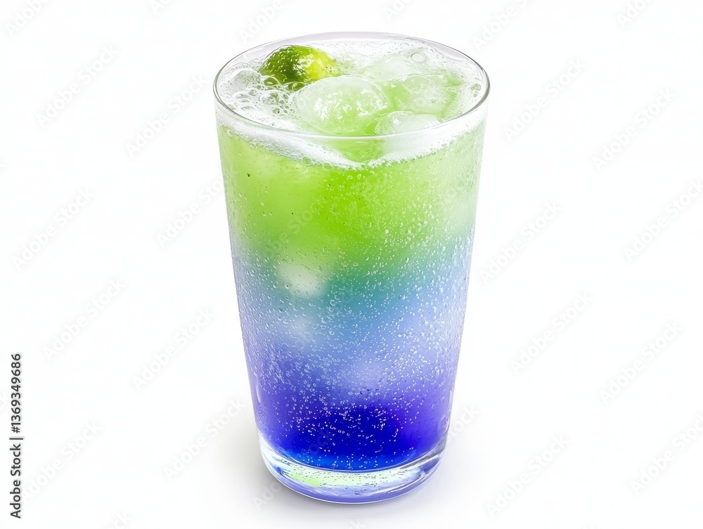 Vibrant green and blue layered drink in a glass, refreshing summer beverage Vibrant green and blue layered drink in a glass, refreshing summer beverage