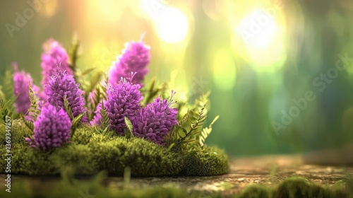 Vibrant Purple Flowers Blooming on Lush Green Moss in Sunlight A Serene Nature Scene