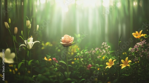 Serene Peach Rose in Sun Dappled Forest with Lilies and Wildflowers A tranquil nature scene