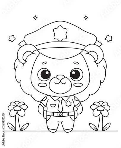 Coloring book  lion police officer wearing a uniform and hat, standing between flowers with sparkles around. Fun line art for coloring
