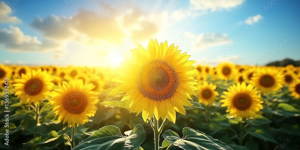 Obraz premium A vast field of sunflowers under a bright blue sky, the flowers gently swaying in the warm summer breeze as far as the eye can see. 