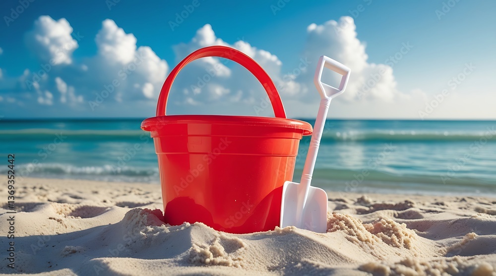 Vibrant red plastic bucket and shovel on soft white sand under bright blue sky with fluffy clouds, capturing joyful summer beach vacation mood, relaxation, and playful seaside holiday moments
Vibrant red plastic bucket and shovel on soft white sand under bright blue sky with fluffy clouds, capturing joyful summer beach vacation mood, relaxation, and playful seaside holiday moments