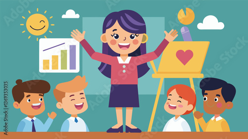A young girl enthusiastically giving a presentation on the power of positive thinking and its impact on effective leadership.. Vector illustration