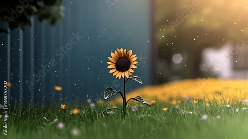 Single Sunflower Blooming in a Field of Grass under a Soft Sunlight
