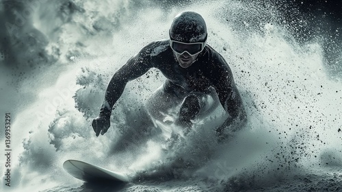 Wallpaper Mural Extreme snowboarding action captured during a fierce winter storm with a lone snowboarder soaring through the air against a backdrop of snowy peaks and icy clouds Torontodigital.ca