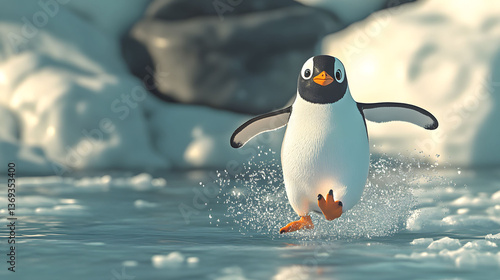 A Playful Penguin's Frolic:  A Delightful 3D Render of a Penguin Running Through Sparkling Antarctic Waters