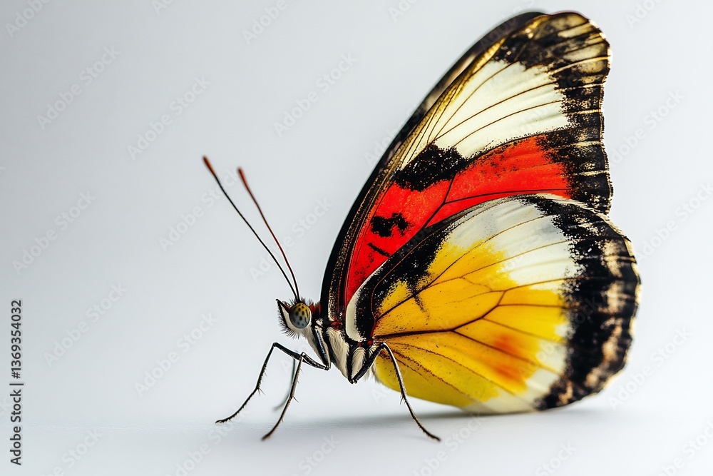 Obraz premium A vibrant butterfly fluttering gently, set against a white backdrop. 