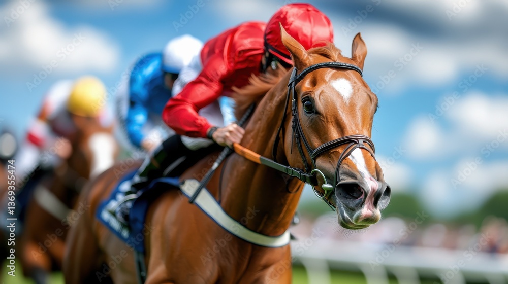 Obraz premium Powerful racehorse galloping swiftly with skilled jockey in the saddle competing in an exciting and thrilling equestrian event The horse s magnificent muscles grace