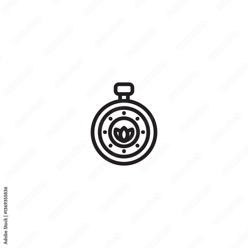 A stopwatch or timer with a circular face featuring a stylized leaf or lotus flower at the center. Represents tracking time for wellness activities or natural processes. A stopwatch or timer with a circular face featuring a stylized leaf or lotus flower at the center. Represents tracking time for wellness activities or natural processes.