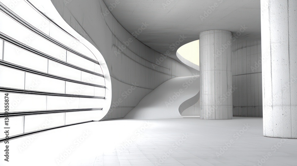 Obraz premium Modern Architecture Interior Design White Concrete Walls and Columns with Curved Walls and a Ramp
