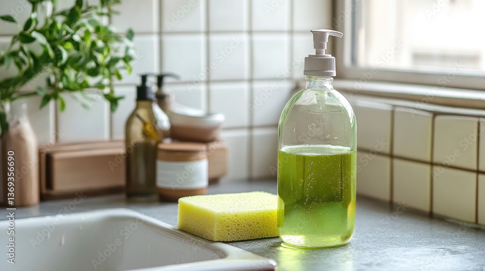 A bottle of eco-friendly dish soap next to a sink with a sponge. A bottle of eco-friendly dish soap next to a sink with a sponge.