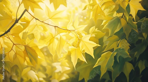 Wallpaper Mural  Bright yellow-green leaves of a sweetgum tree glowing under the soft morning sun, with a warm and peaceful atmosphere.  Torontodigital.ca