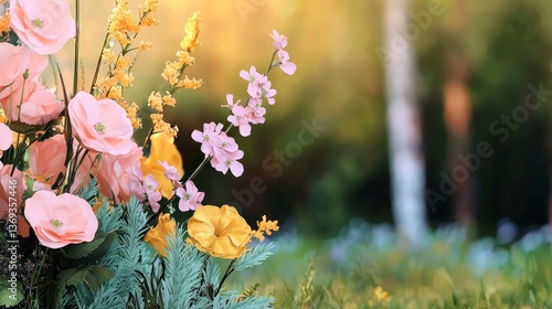 Beautiful Spring Flowers in a Garden Pink Poppies and Yellow Blooms