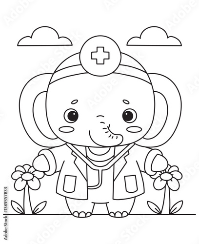 Coloring book elephant doctor wearing a lab coat and stethoscope, standing between flowers under a cloudy sky