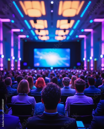 Large audience seated in a modern cinema or conference hall watching a brightly lit screen under glowing purple and blue lights, capturing entertainment, tech events, or film screenings.

