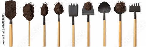 Gardening tools with soil, isolated on white background
