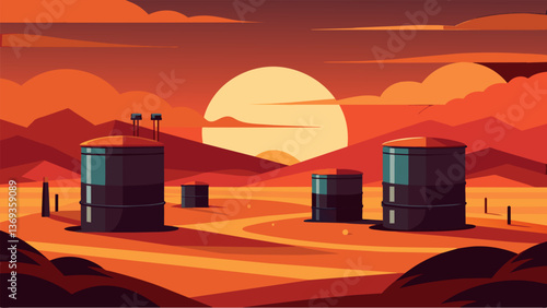 A remote desert site featuring a collection of cylindrical oil tanks reflecting the fiery hues of a setting sun.. Vector illustration