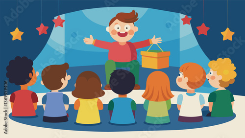 Children sitting in a semicircle enthralled by a puppet show being performed by their peers in a classroom.. Vector illustration