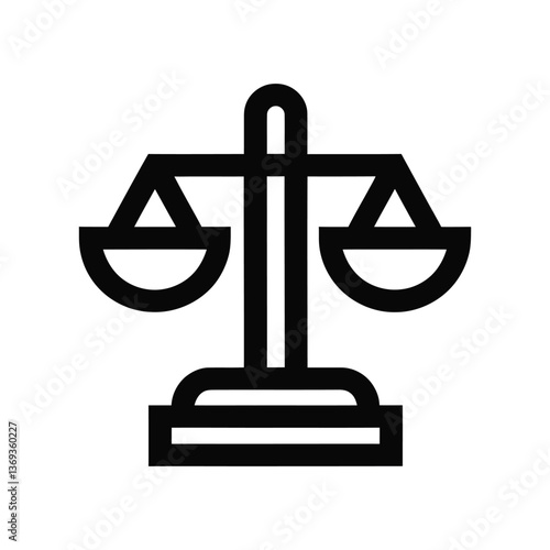 Minimalist justice scales icon in black line art style, professional law and court symbol vector, balanced weight scale for legal services and ethics, simple judicial system graphic element.
