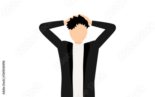 黒いジャケットを着た男性が頭の後ろで手を組むシンプルなイラスト