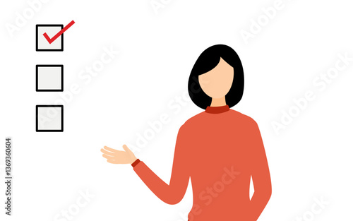 赤いタートルネックを着た女性がチェックリストを示して話しているシンプルなイラスト