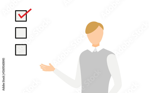 グレーのベストを着た男性がチェックリストを示して話しているシンプルなイラスト