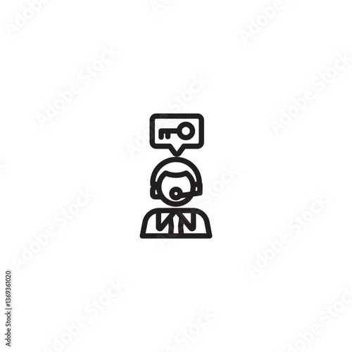 A customer service representative wearing a headset with a speech bubble containing a key above their head. Represents providing solutions, unlocking answers, or key support.