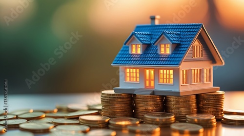 Wallpaper Mural Miniature house model with glowing windows placed atop stacked gold coins at sunset, symbolizing real estate investment, home value, financial growth, mortgage, and property wealth.

 Torontodigital.ca