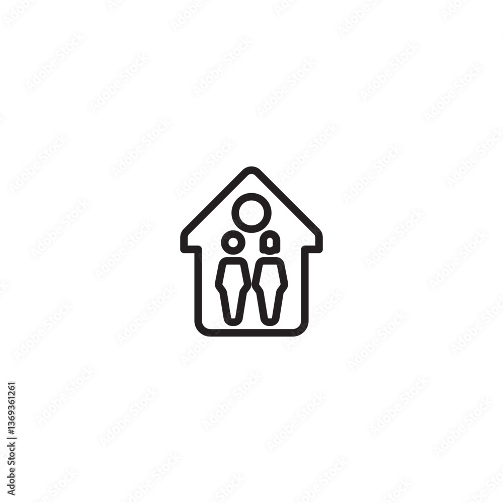 A house outline containing three simple figures. Represents a family home, shared living space, or household members. A house outline containing three simple figures. Represents a family home, shared living space, or household members.