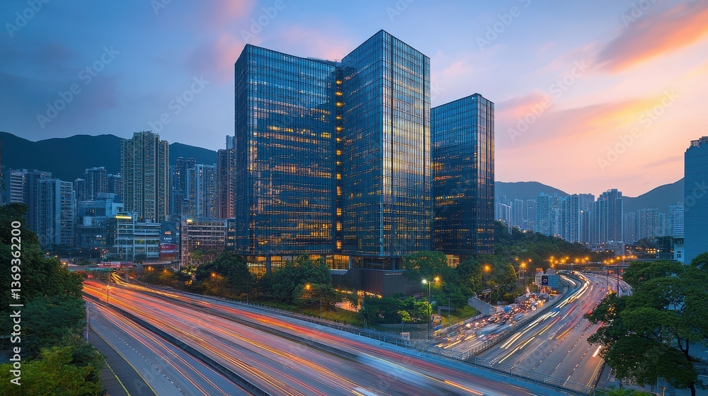 Fototapeta premium Urban skyline at dusk featuring modern glass buildings and a busy highway.