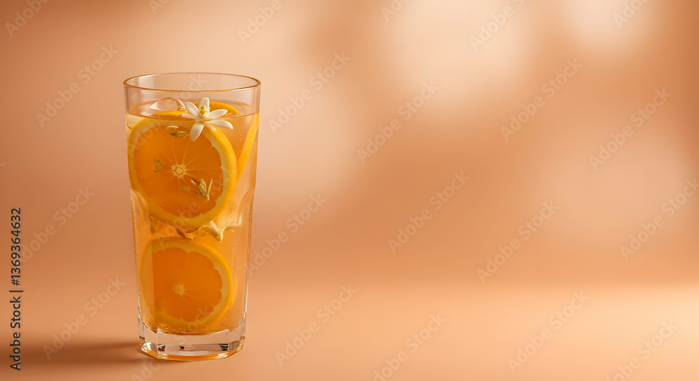 Orange Juice Beverage in Glass with Citrus Slices and Flower Petals Orange Juice Beverage in Glass with Citrus Slices and Flower Petals