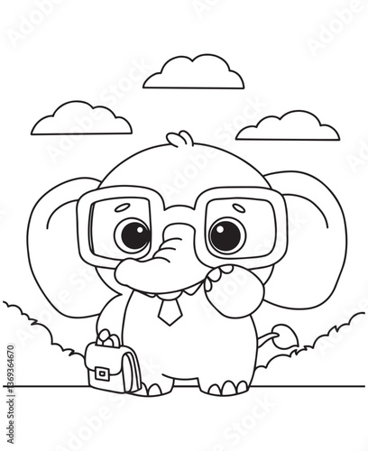 Coloring book elephant wearing glasses and a tie, holding a briefcase, standing on grass under a cloudy sky. Fun line art for coloring