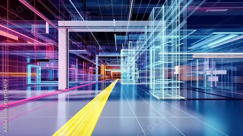 Futuristic digital warehouse interior with colorful neon lines illustrating technology and innovation