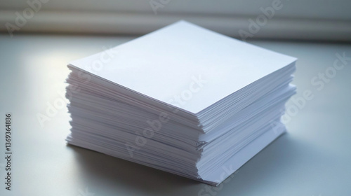 A stack of white paper sheets sitting on a light surface in a bright room with soft lighting
