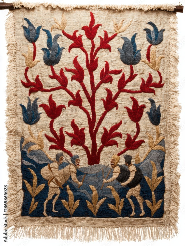 Obraz premium A vintage tapestry depicting a stylized scene with figures and flora.