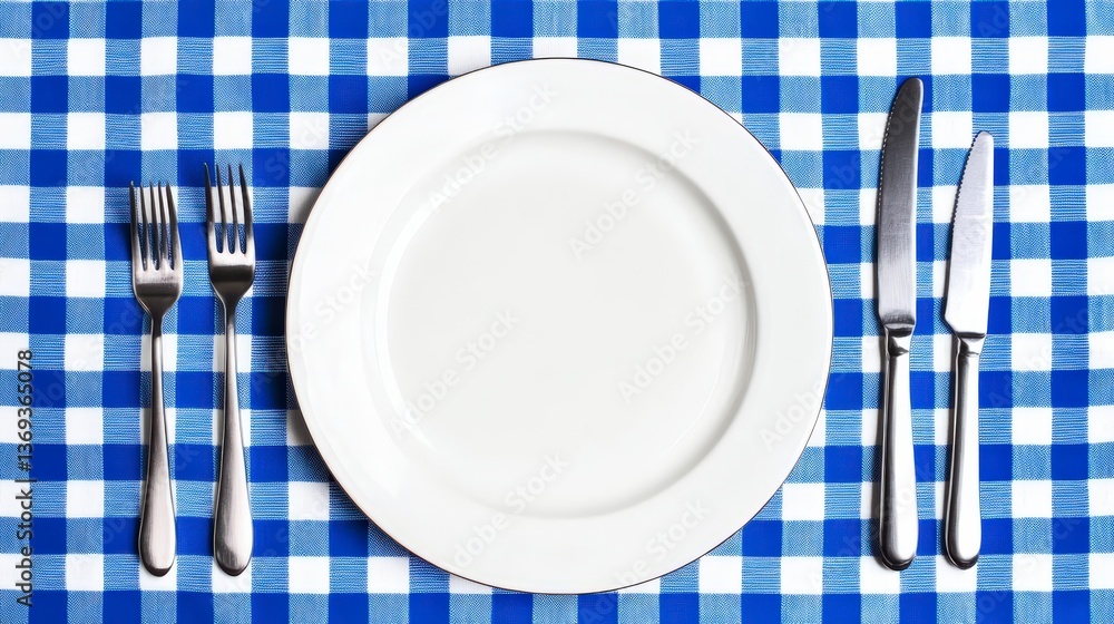 White Plate And Silverware On Blue Checkered Tablecloth White Plate And Silverware On Blue Checkered Tablecloth